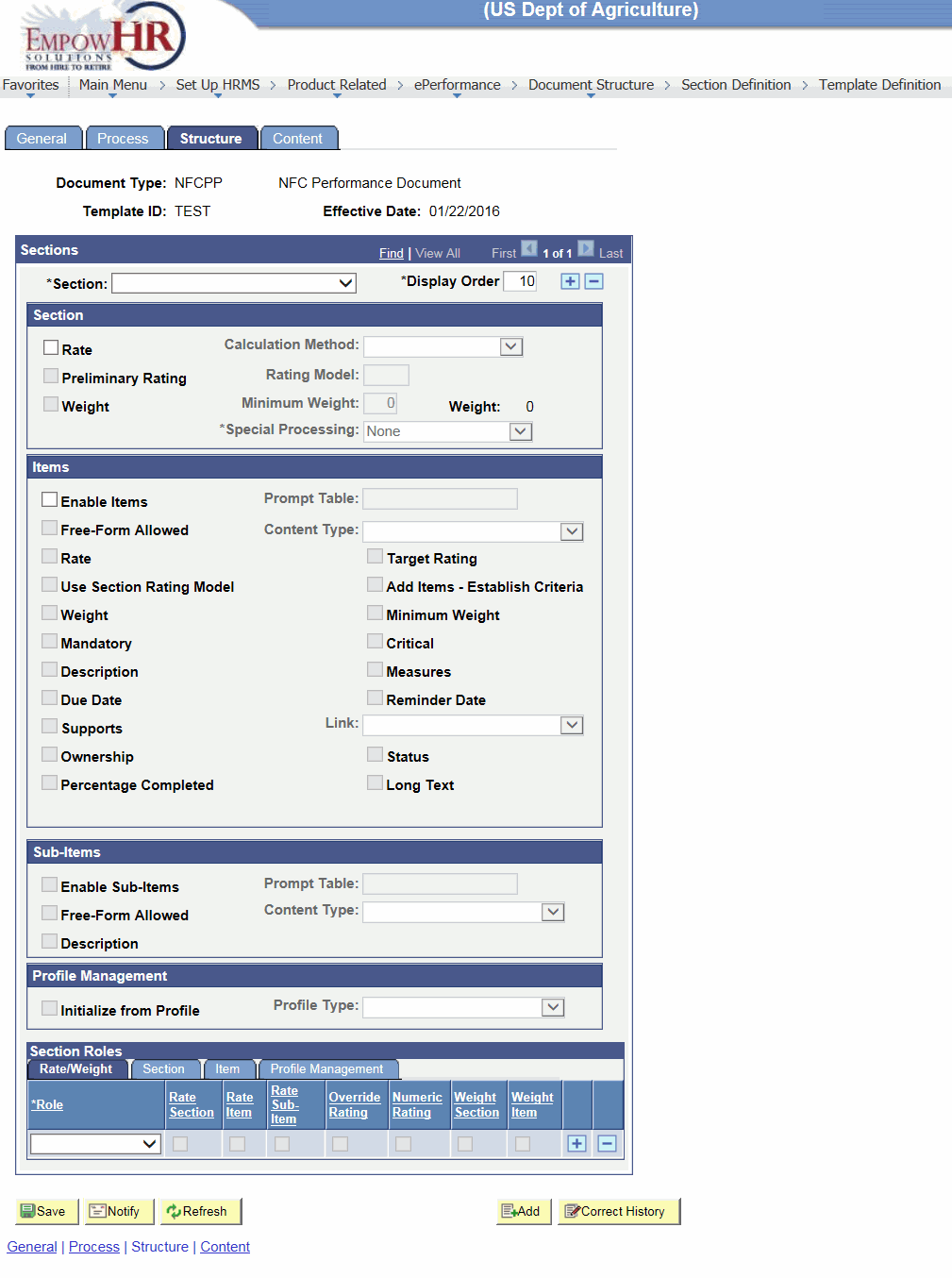 Template Definition Page - Structure Tab - Section Roles Region - Rate/Weight Tab