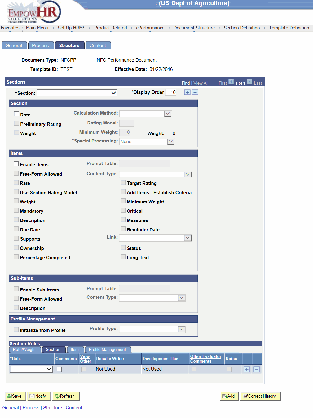 Template Definition Page - Structure Tab - Section Roles Region - Section Tab