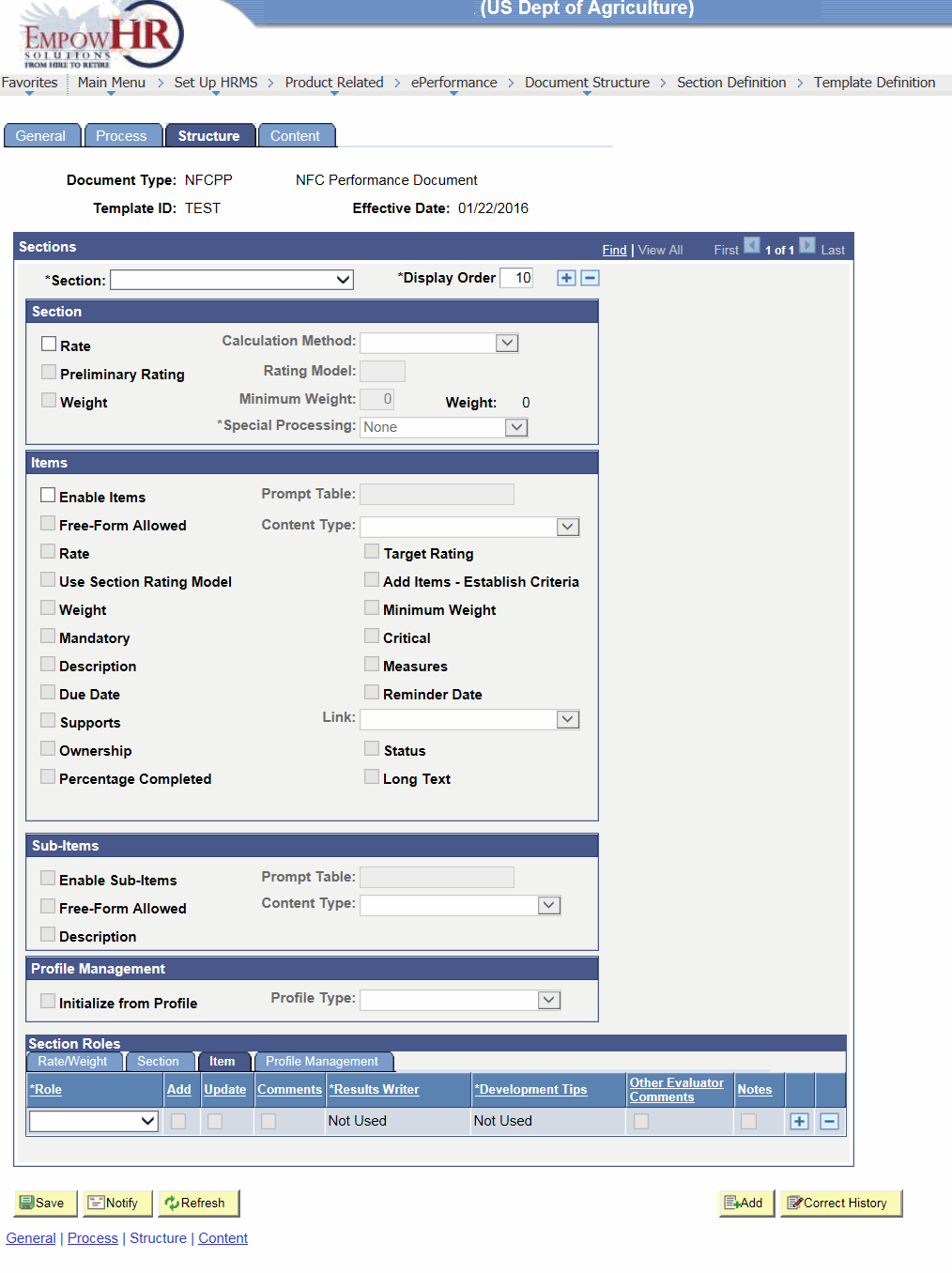 Template Definition Page - Structure Tab - Section Roles Region - Item Tab