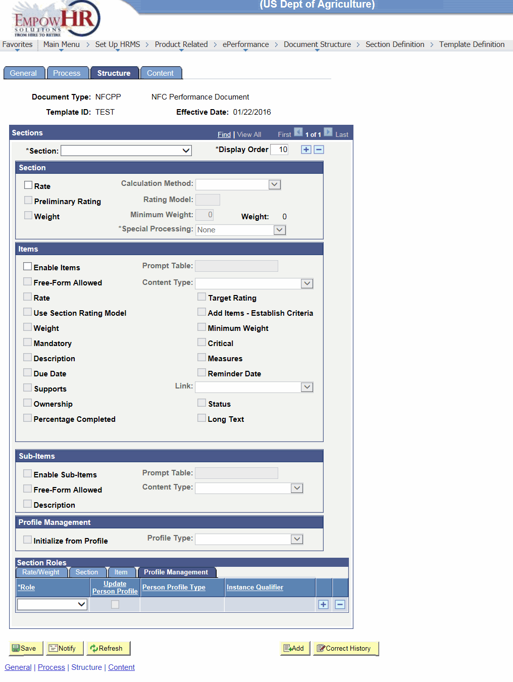 Template Definition Page - Structure Tab - Section Roles Region - Profile Management Tab