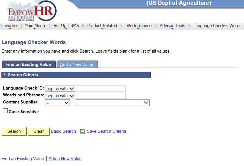 Langauge Checker Words Page - Find an Existing Value Tab