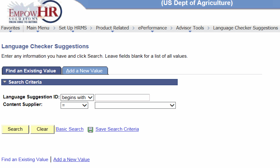 Language Checker Suggestions Page - Find an Existing Value Tab