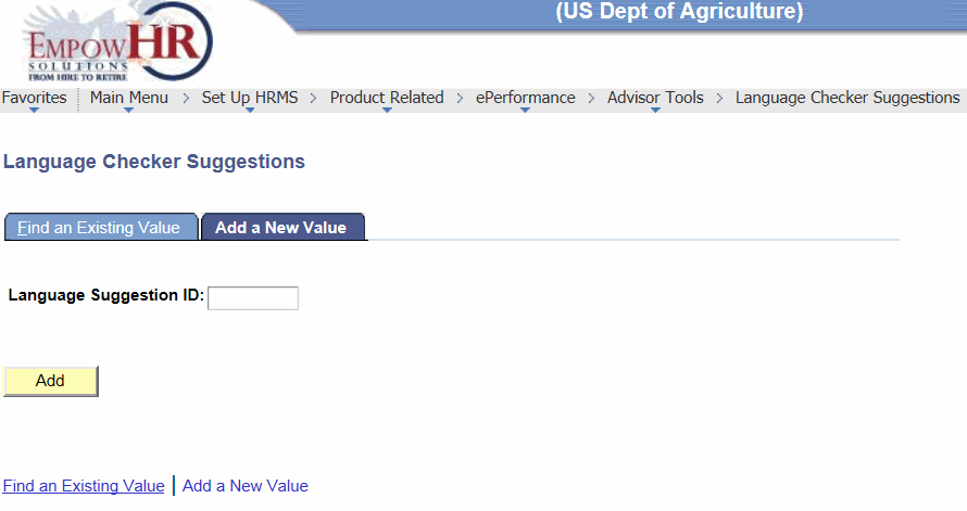 Language Checker Suggestions Page - Add a New Value Tab
