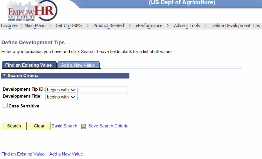 Define Development Tips Page - Find an Existing Value Tab