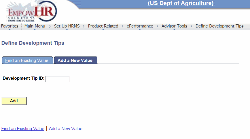 Define Development Tips Page - Add a New Value Tab
