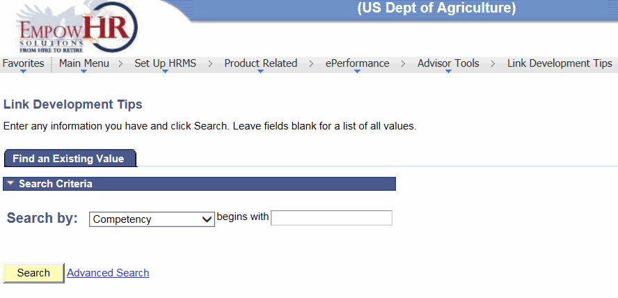 Link Development Tips Page - Find an Existing Value Tab