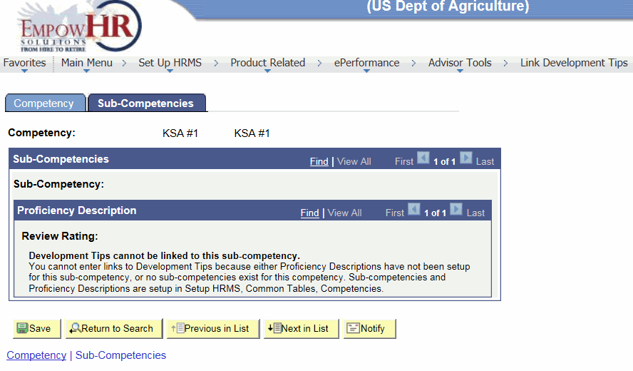 Link Development Tips Page - Sub-Competencies Tab