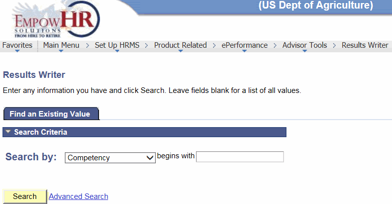 Results Writer Page - Find an Existing Value Tab