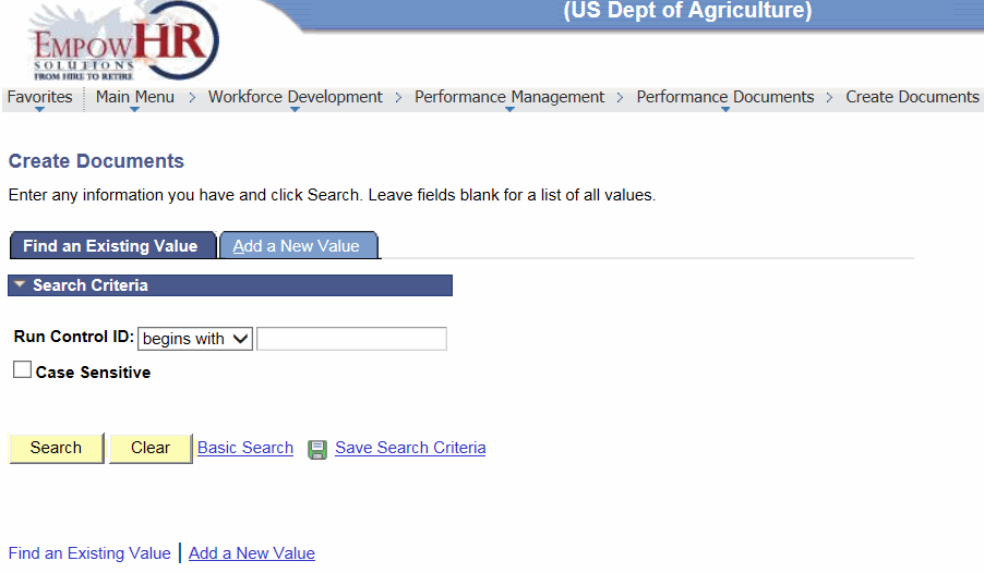 Create Documents Page - Find an Existing Value Tab