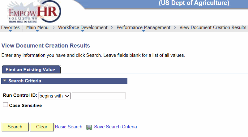 View Document Creation Results Page - Find an Existing Value Tab