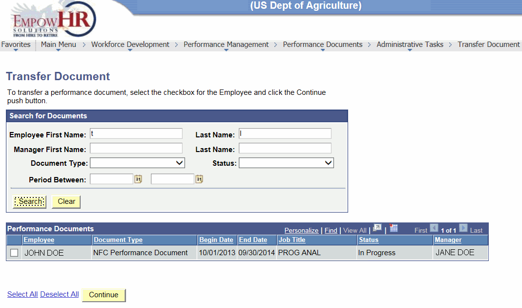 Transfer Document Page (after clicking Search)