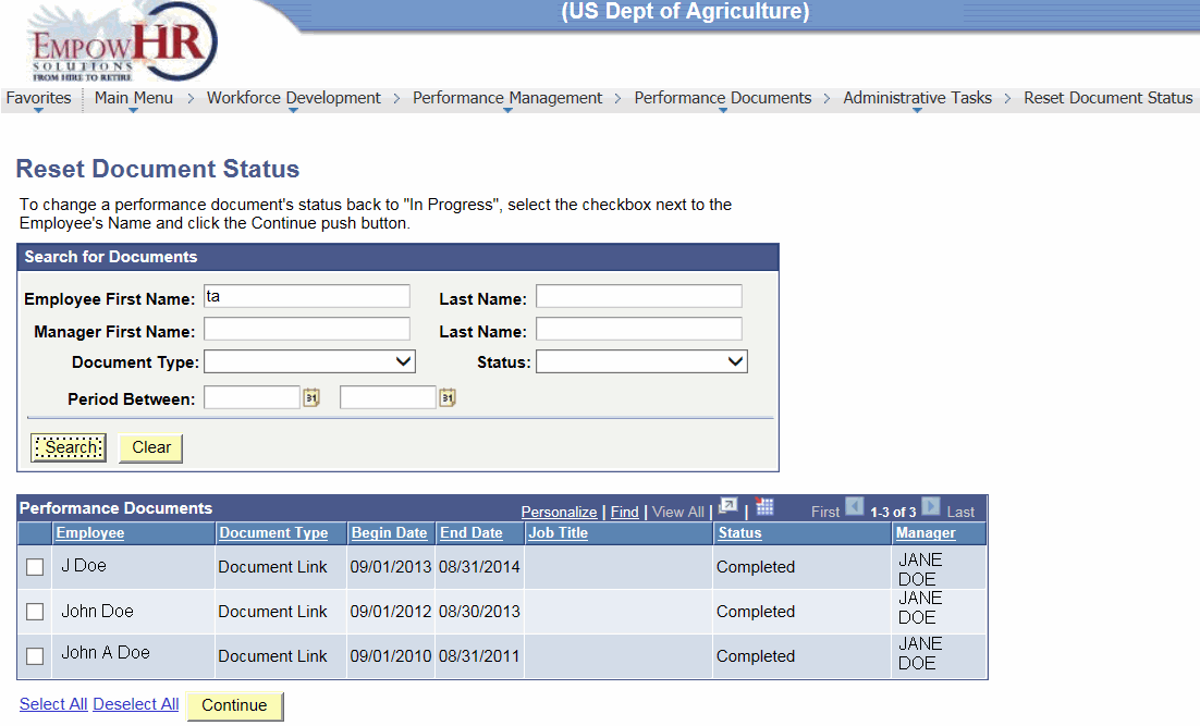 Reset Document Status Page (after clicking Search)