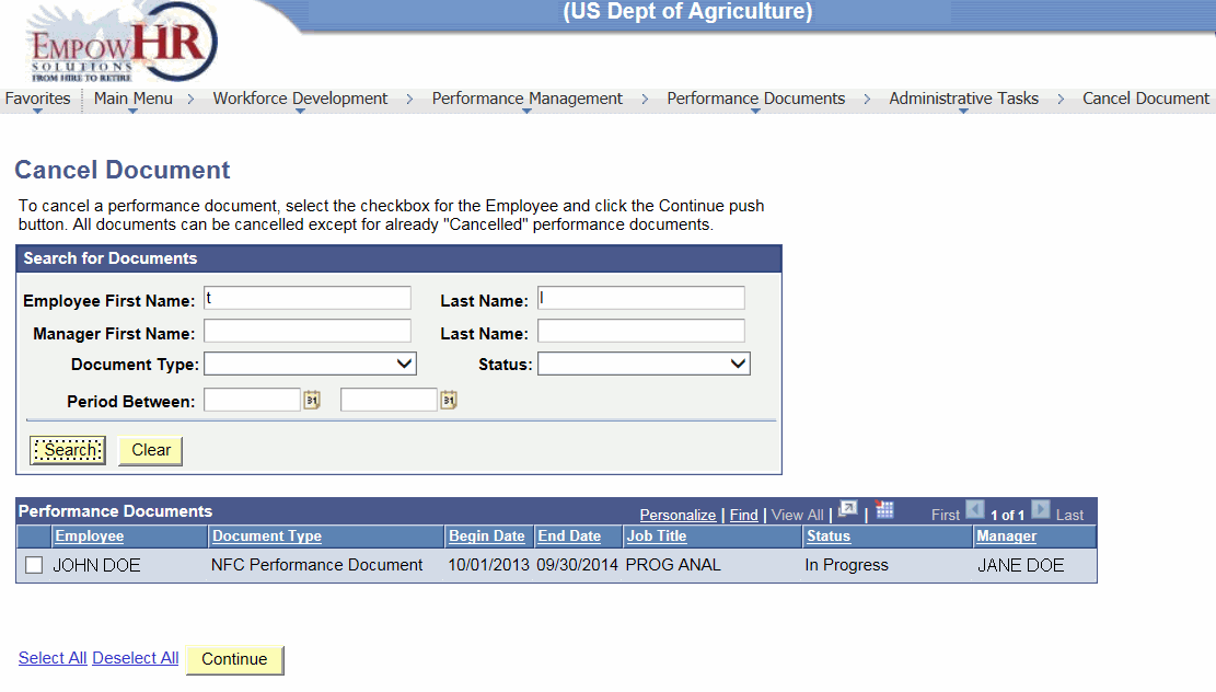 Cancel Document Page (after clicking Search)