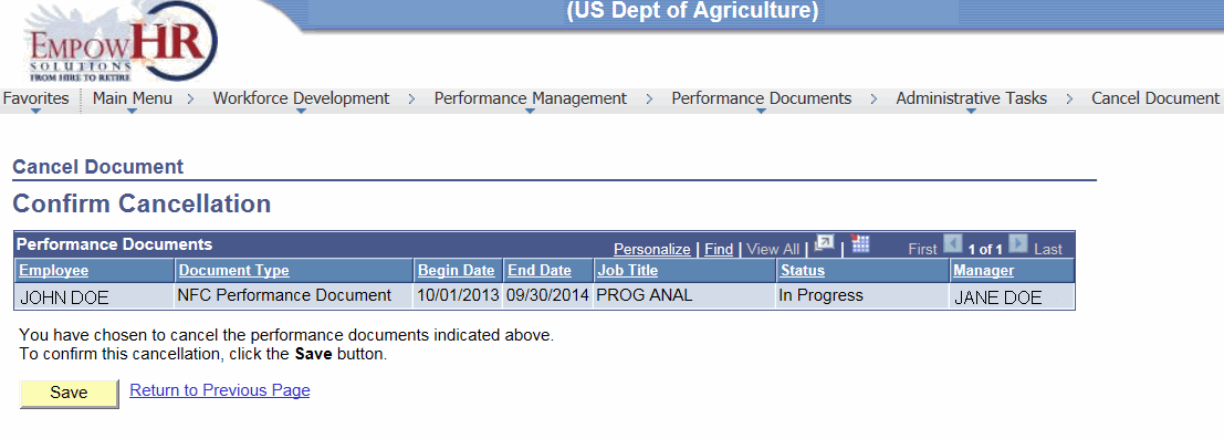 Cancel Document - Confirm Cancellation Page