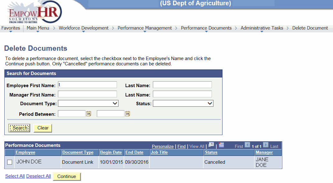 Delete Documents Page (after clicking Search)