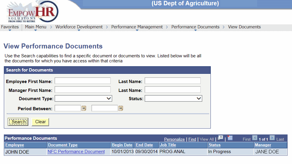 View Performance Documents Page (after clicking Search)