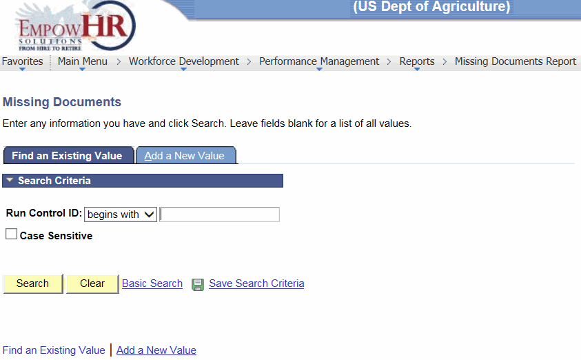 Missing Documents Page - Find an Existing Value Tab