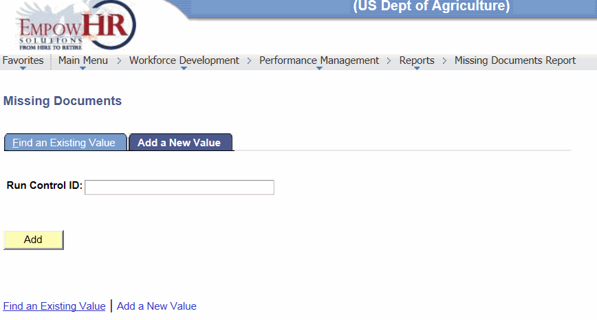 Missing Documents Page - Add a New Value Tab