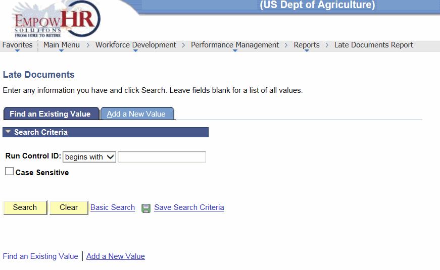 Late Documents Reports Page - Find an Existing Value Tab
