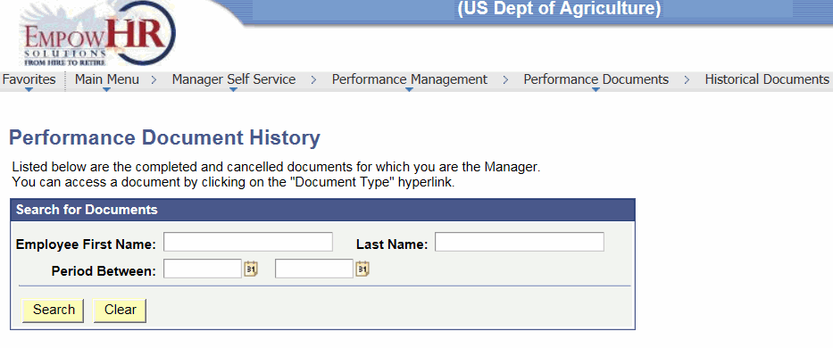 Performance Document History Page