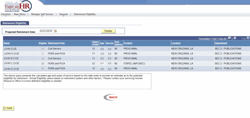 Retirement Eligibility Tab Page (after selecting date)