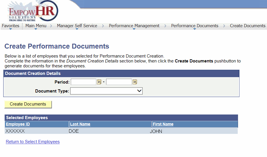 Create Performance Document (after selecting an employee)