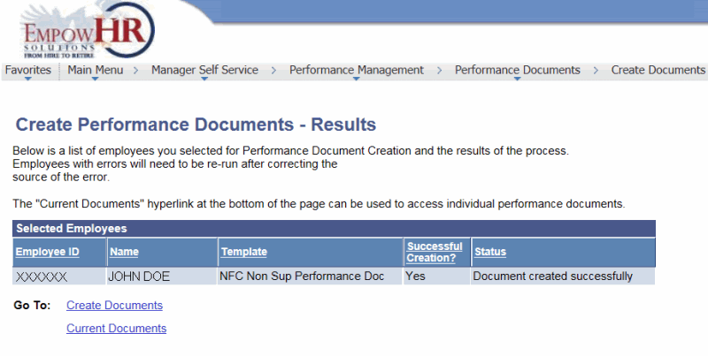 Create Performance Documents - Results Page