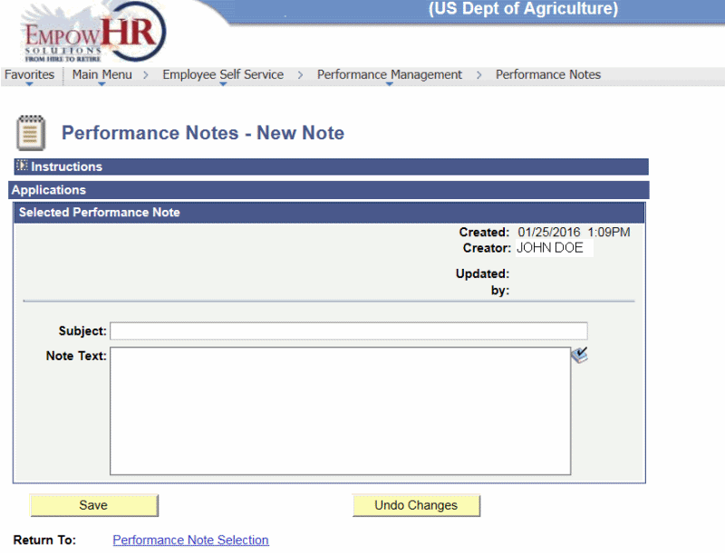 Performance Notes - New Note Page