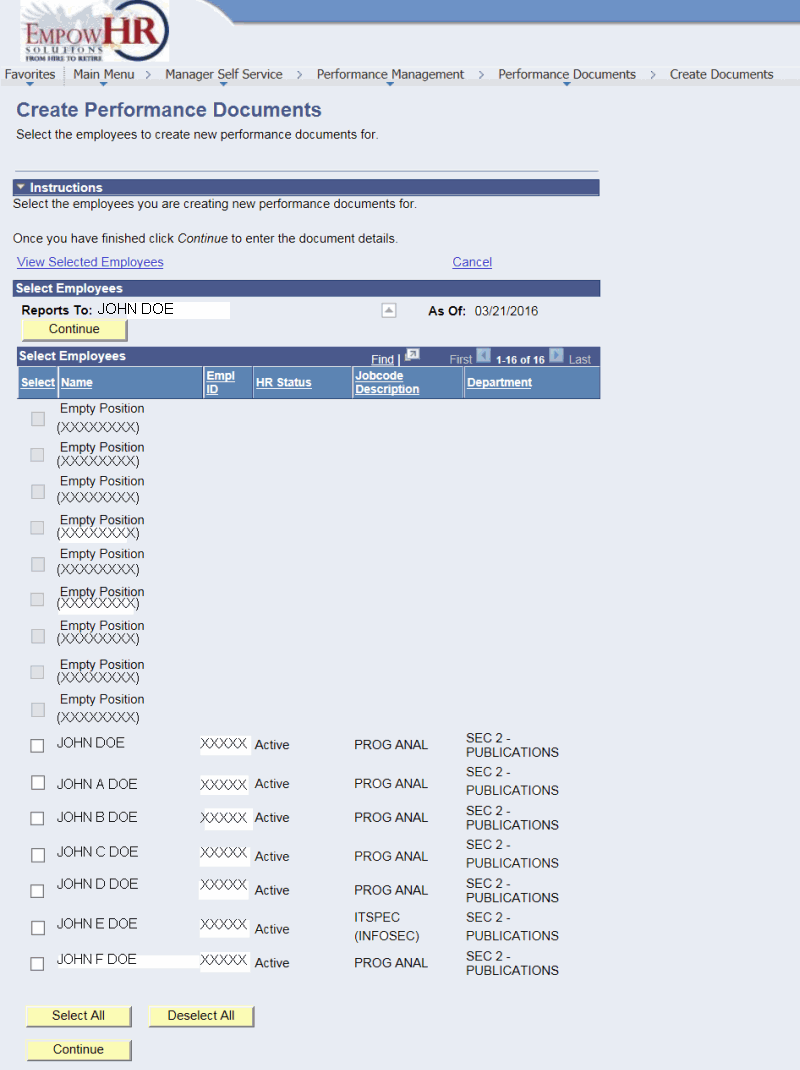 Create Performance Documents (after clicking Continue)