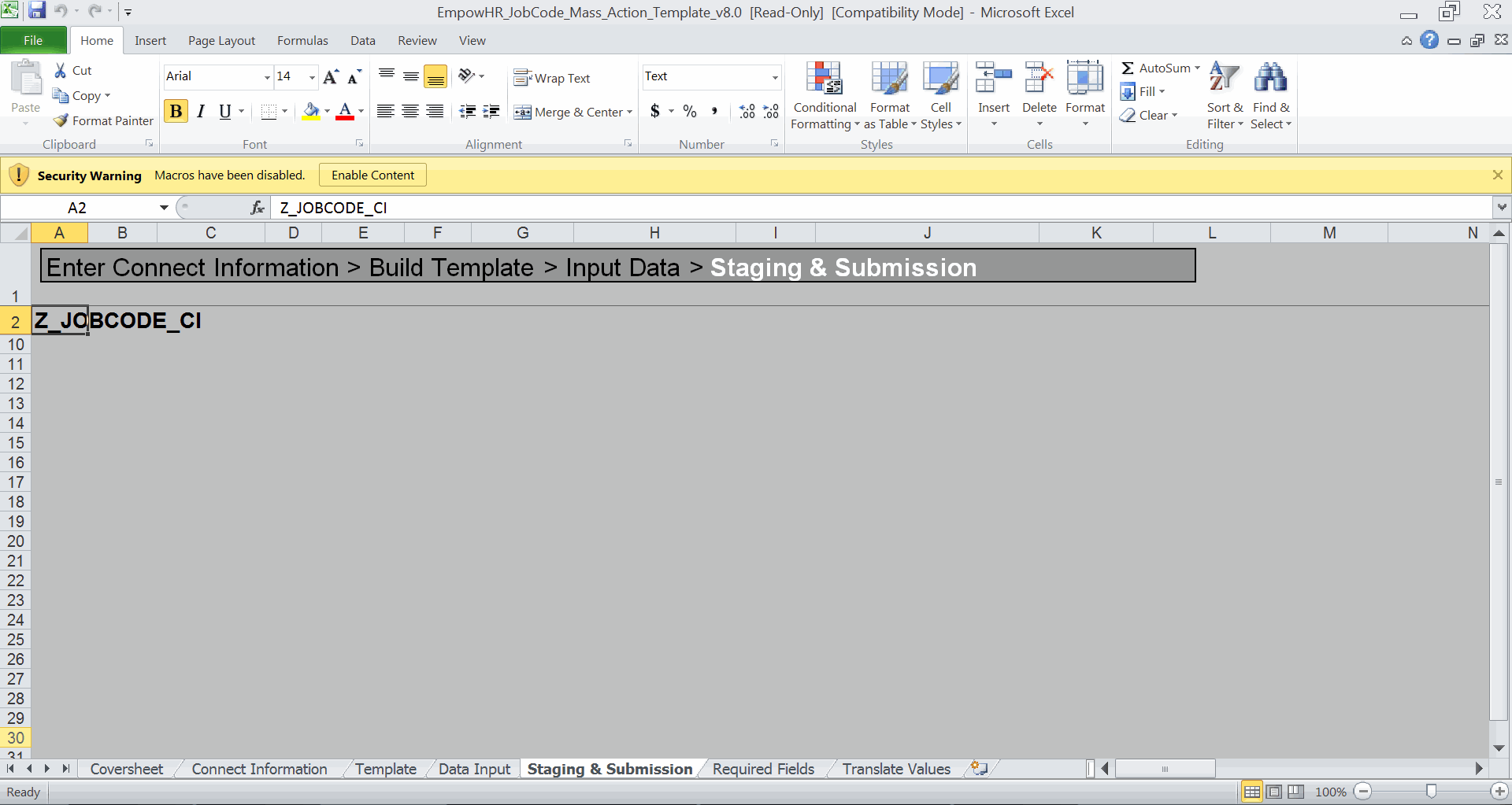 Job Code Mass Action Template Worksheet (Staging & Submission Tab)