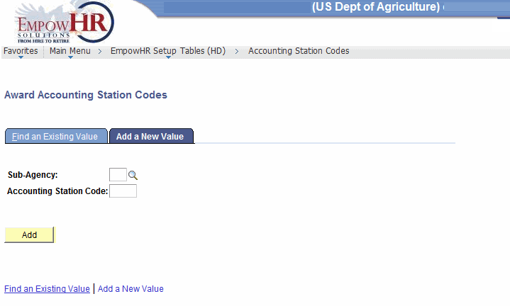 Award Accounting Station Codes Page - Add a New Value Tab