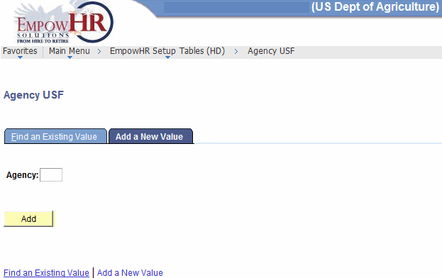 Agency USF Page - Add a New Value Tab