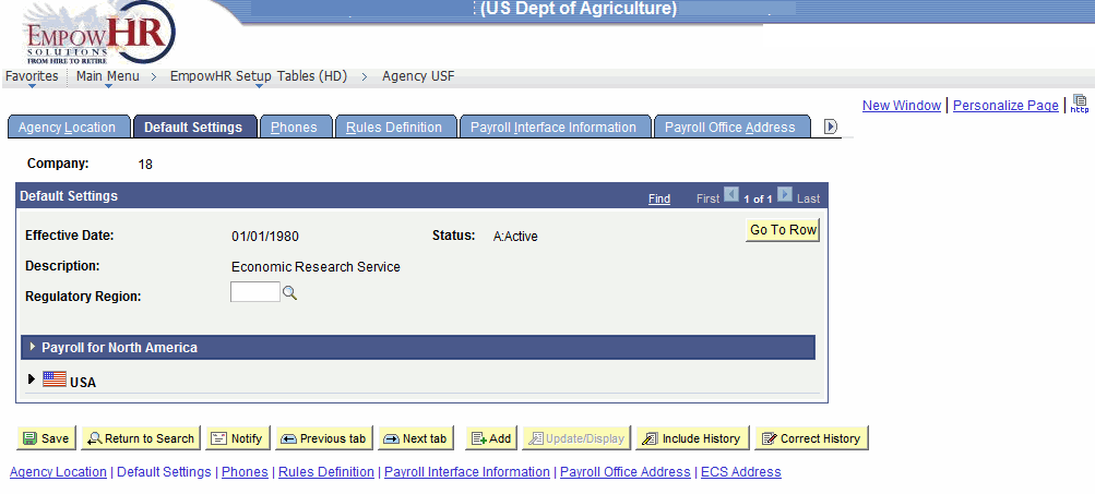 Agency USF Page - Default Settings Tab