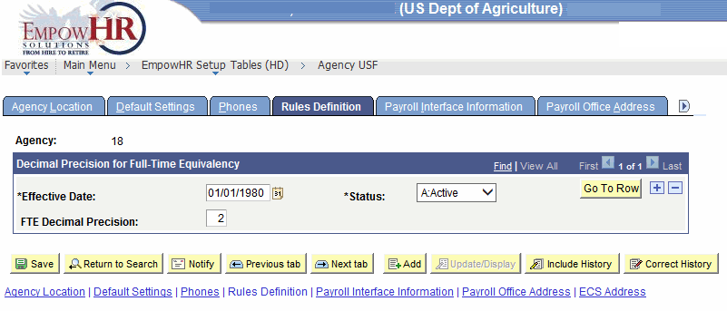 Agency USF Page - Rules Definition Tab