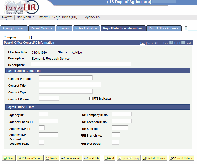 Agency USF Page - Payroll Interface Information Tab