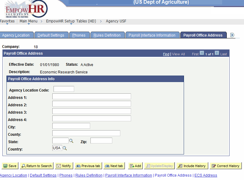 Agency USF Page - Payroll Office Address Tab