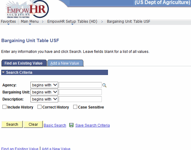 Bargaining Unit Table USF Page - Find an Eixsting Value Tab