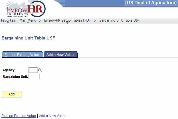 Bargaining Unit Table USF Page - Add a New Value Tab