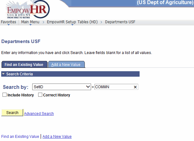 Departments USF Page - Find an Existing Value Tab