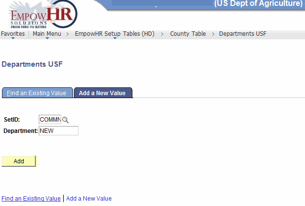 Departments USF Page - Add a New Value Tab
