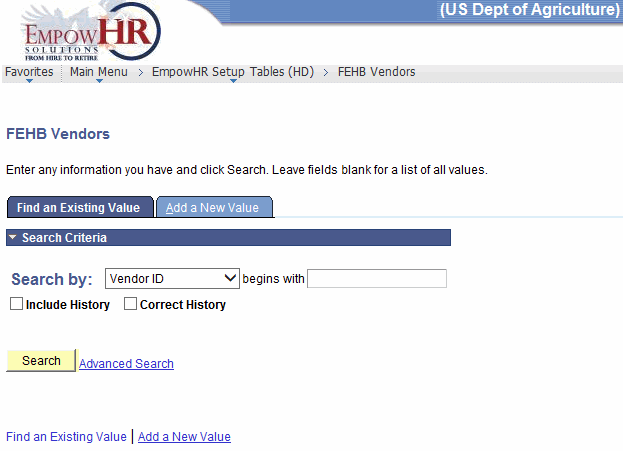 FEHB Vendors Page - Find an Existing Value Tab