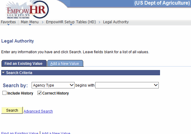 Legal Authority Page - Find an Existing Value Tab