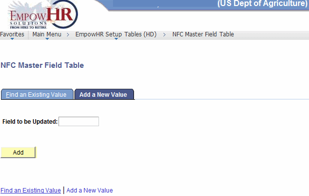 NFC Master Field Table Page - Add a New Value Tab