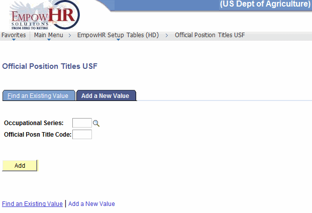Official Position Titles USF Page - Add a New Value Tab