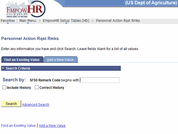 Personnel Action Rqst Rmks Page - Find an Existing Value Tab