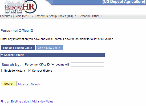 Personnel Office ID Page - Find an Existing Value Tab