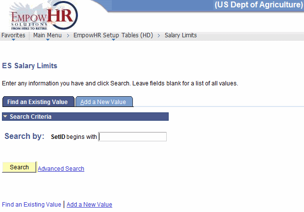 ES Salary Limits Page - Find an Existing Value Tab