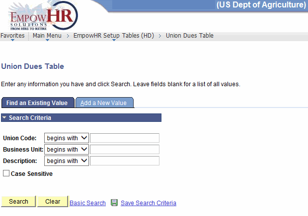 Union Dues Table Page - Find an Existing Value Tab