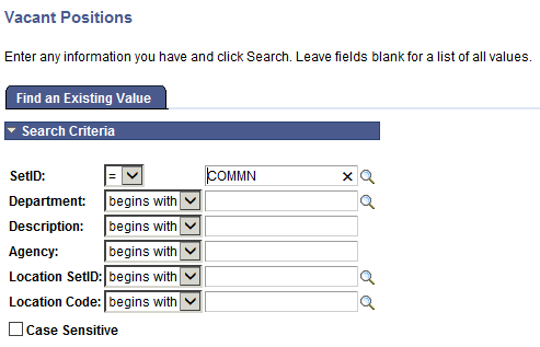 Vacant Positions Page - Find an Existing Value Tab