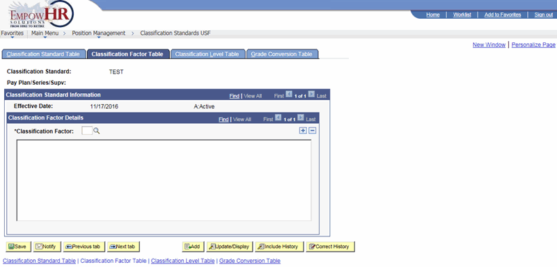 Classification Standards USF Page - Classification Factor Table Tab